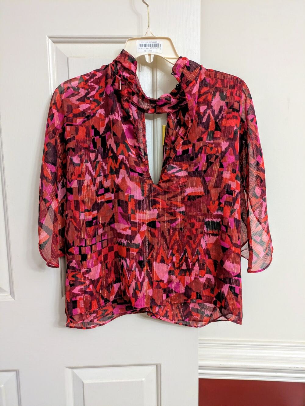 MISA Los Angeles - Red Pink Lurex Ikat Mock Neck Flutter Sleeve Blouse - Sz S